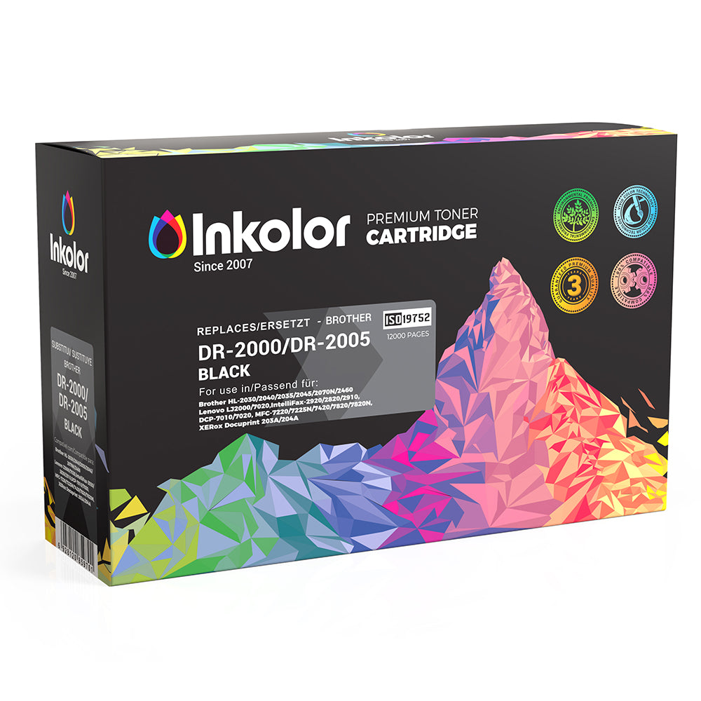 Cartucho de toner premium Inkolor DR-2000/DR-2005 preto, embalagem colorida com design de montanha.