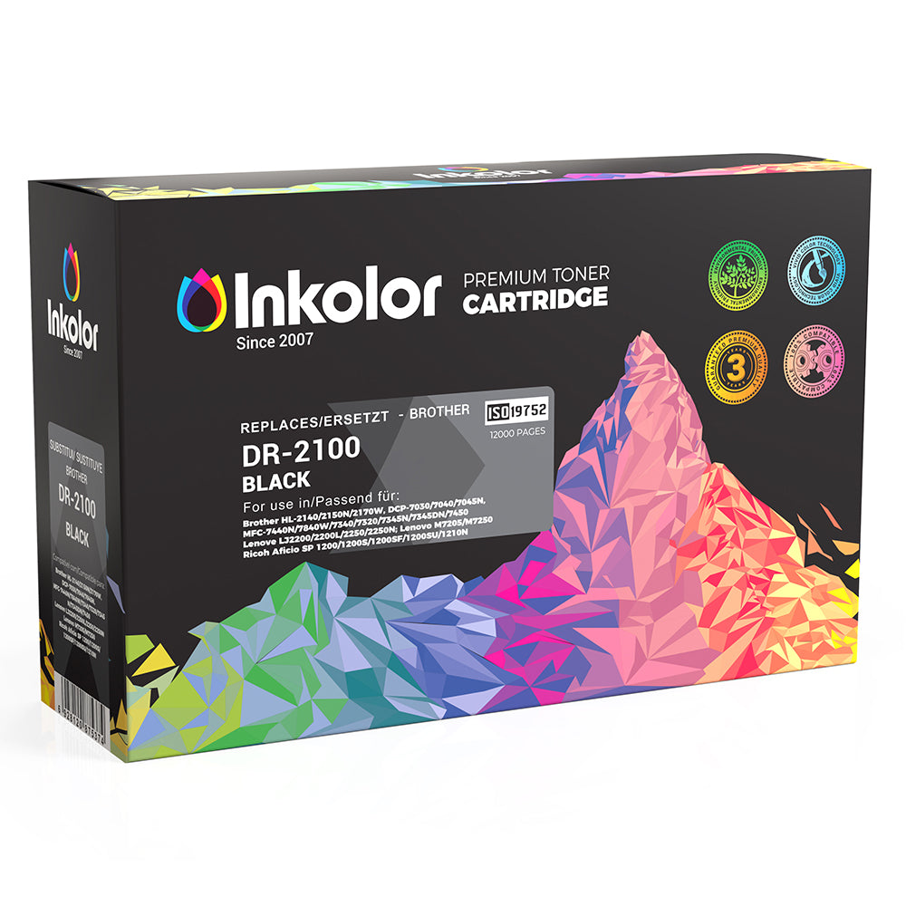 Unidade de tambor compatível com Inkcolor Brother DR-2100, toner premium para impressões de alta qualidade, embalagem preta com design de montanha.