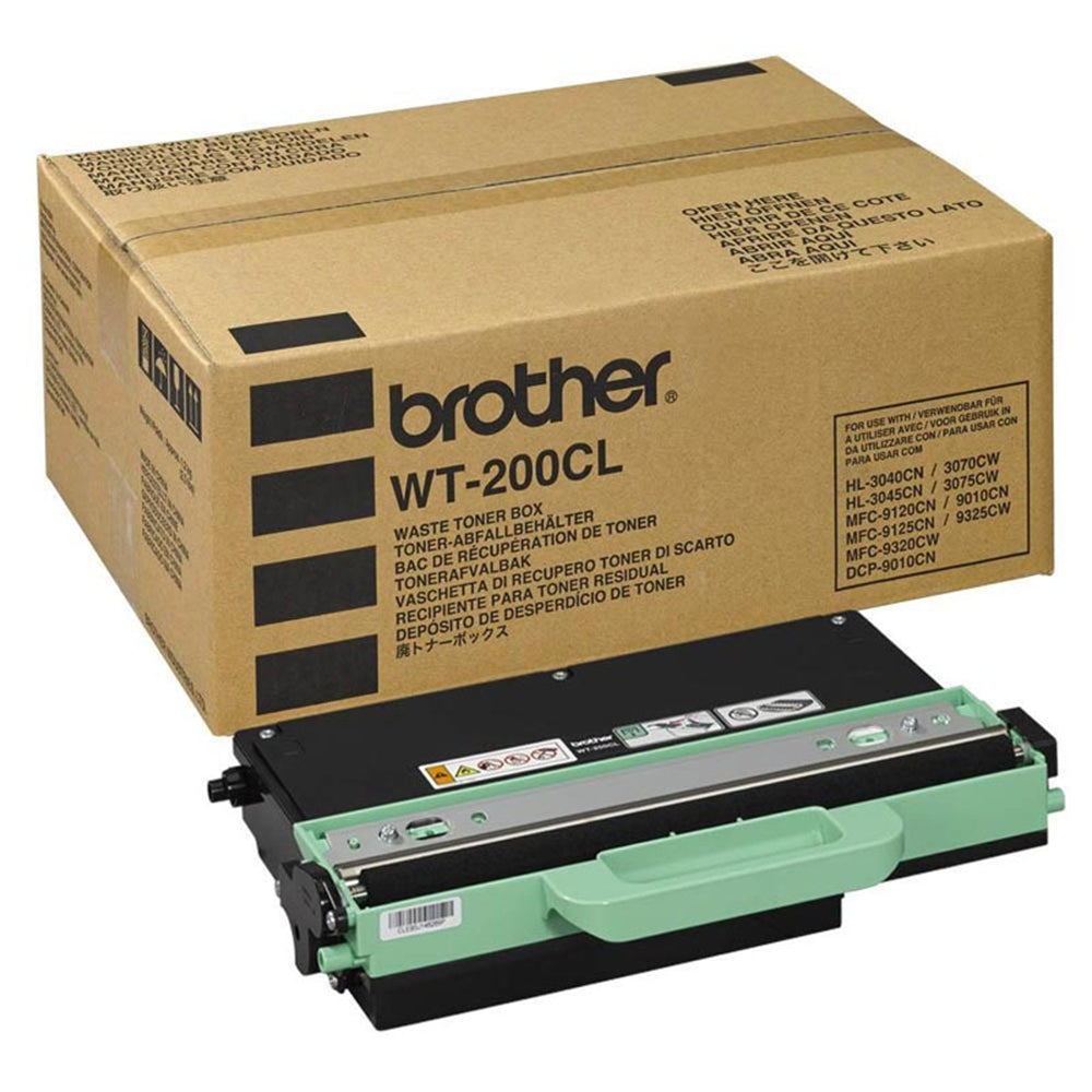 Caixa de resíduos de toner Brother WT-220CL para impressoras laser, apresentada com a embalagem, garantindo uma impressão de alta qualidade e uma longa duração.