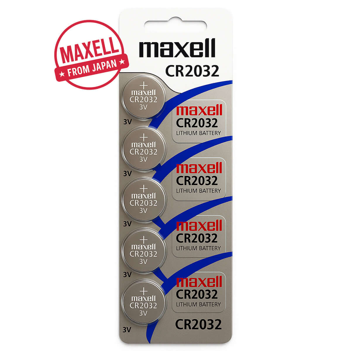 Cinco conjuntos de pilhas de lítio Maxell CR2032 em exposição, ideais para relógios e eletrónica, com uma potência de 3V e uma capacidade de 220mAh.