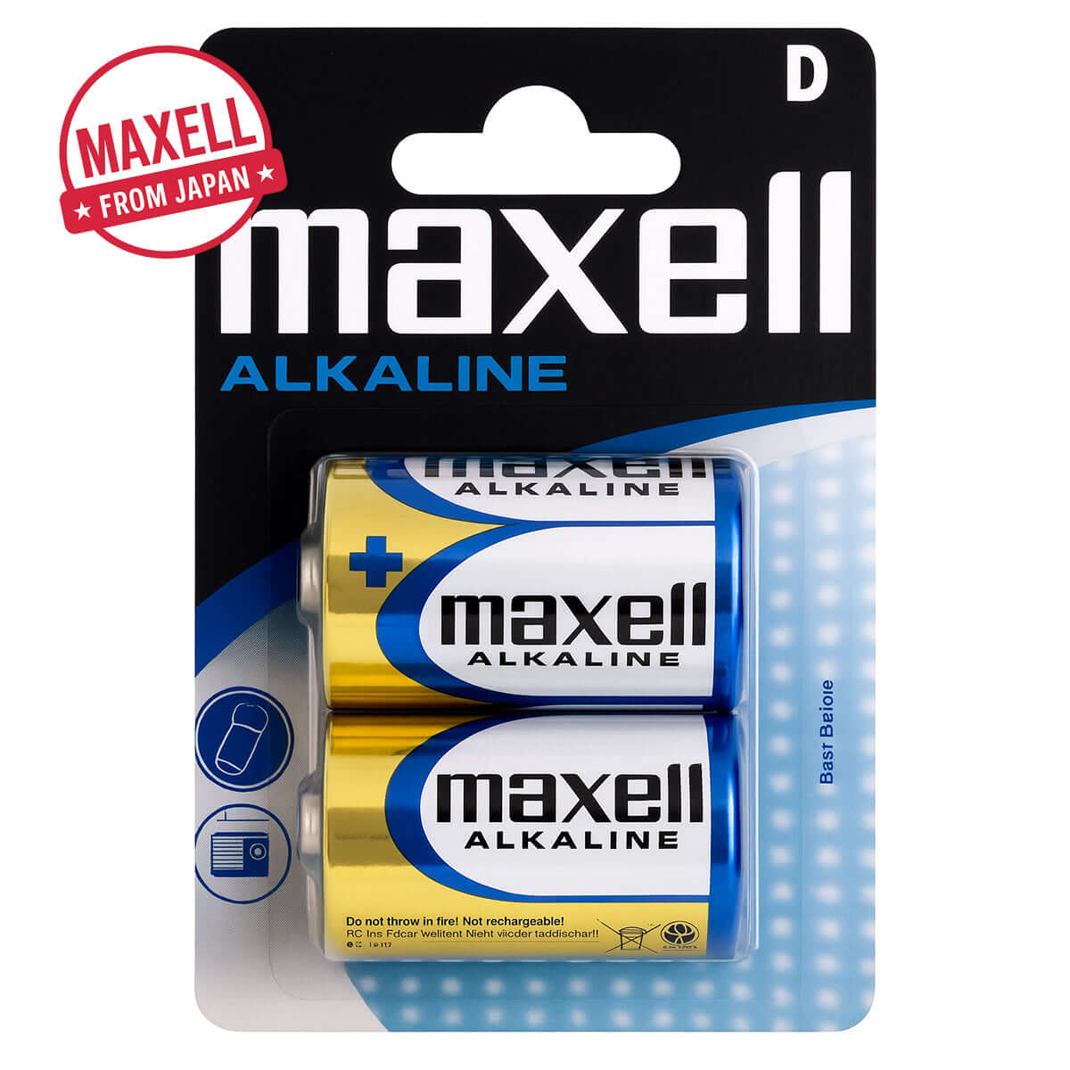 Pack de 2 pilhas alcalinas Maxell D (LR20) para dispositivos de alta energia, ideais para lanternas, rádios e brinquedos.